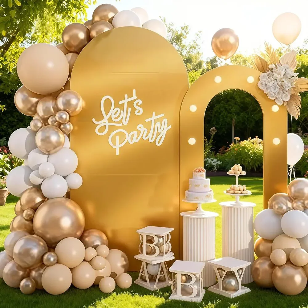 2 Round Top Gold Arch Backdrop Stands Outdoor, 6.6FT+5.5FT Frame with Lights